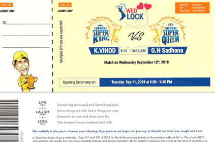 fan designs wedding invite like CSK match ticket